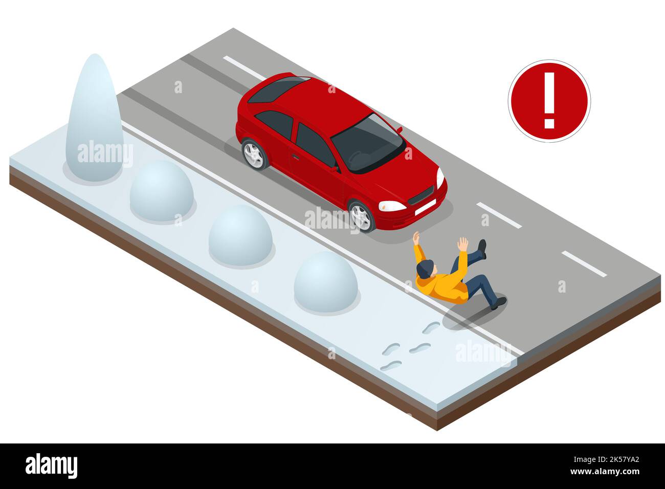 El hombre isométrico se desliza en la carretera en invierno delante de un coche que pasa. Situación peligrosa en la carretera. Atención a la gente en la carretera Ilustración del Vector