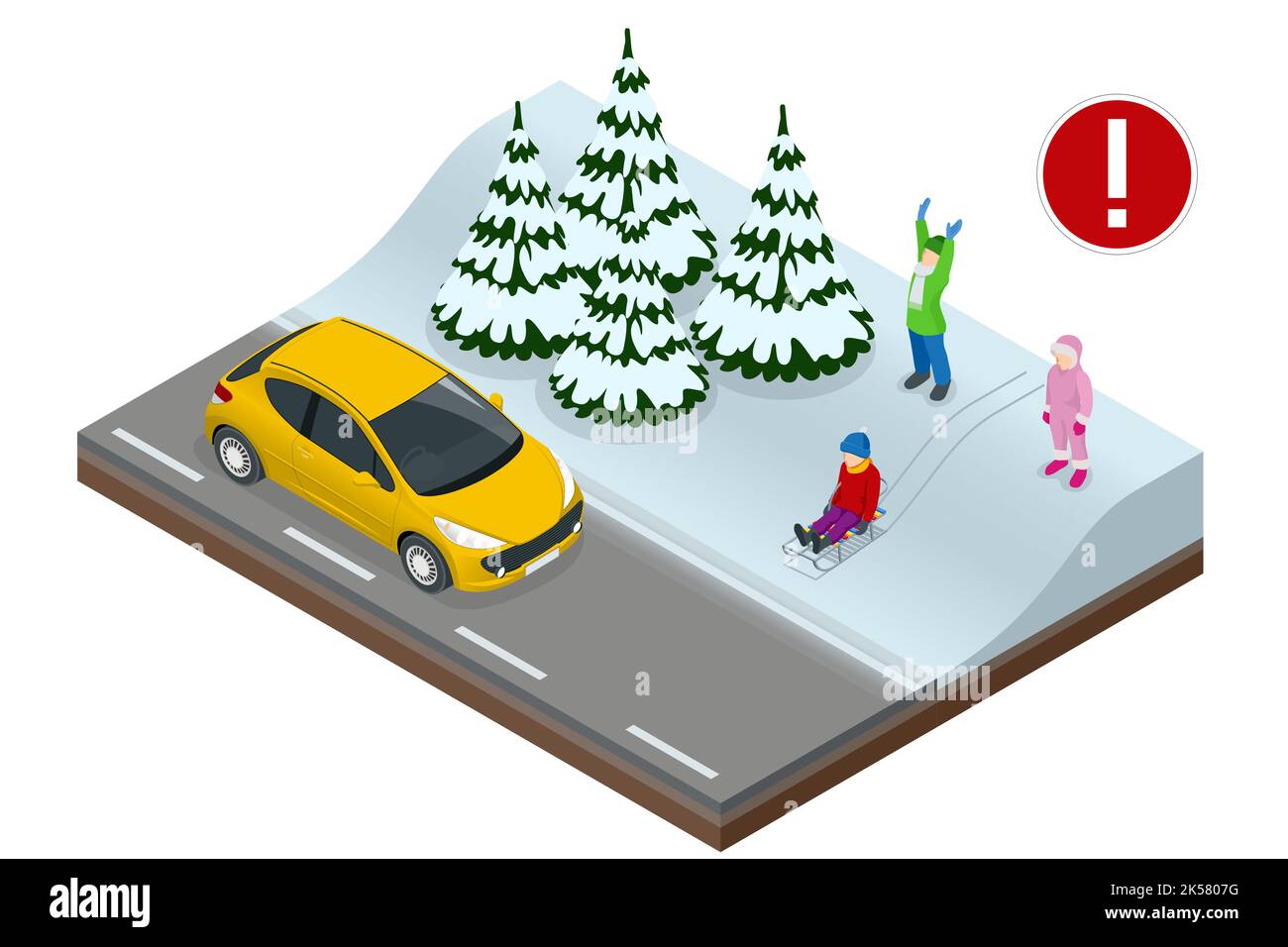 Un niño isométrico en un trineo sale por la carretera en invierno delante de un coche que pasa. Situación peligrosa en la carretera. Atención a la gente en la carretera. Ilustración del Vector