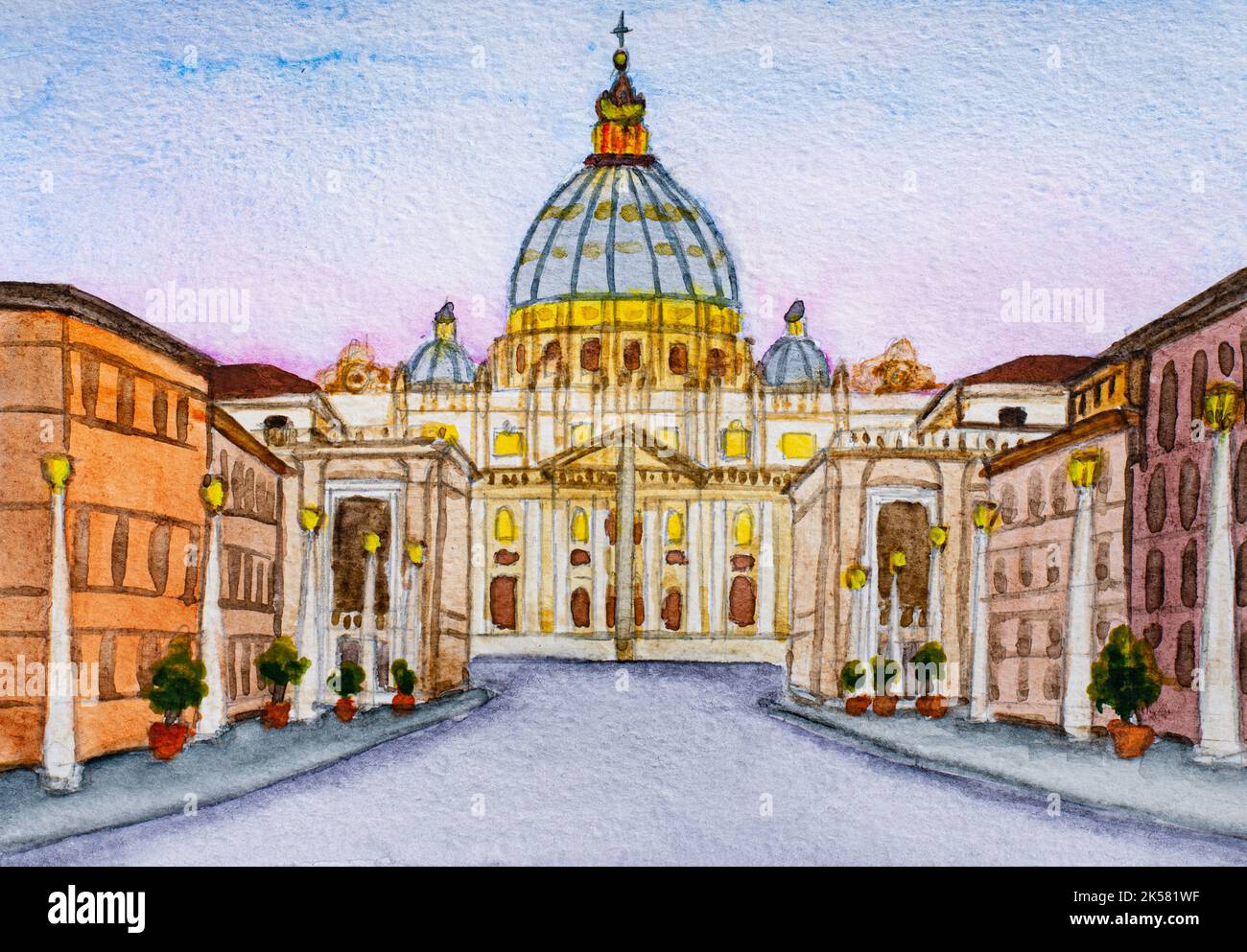 Basílica de San Pedro por la tarde en Roma. Ciudad del Vaticano Roma Italia. Acuarela. Foto de stock