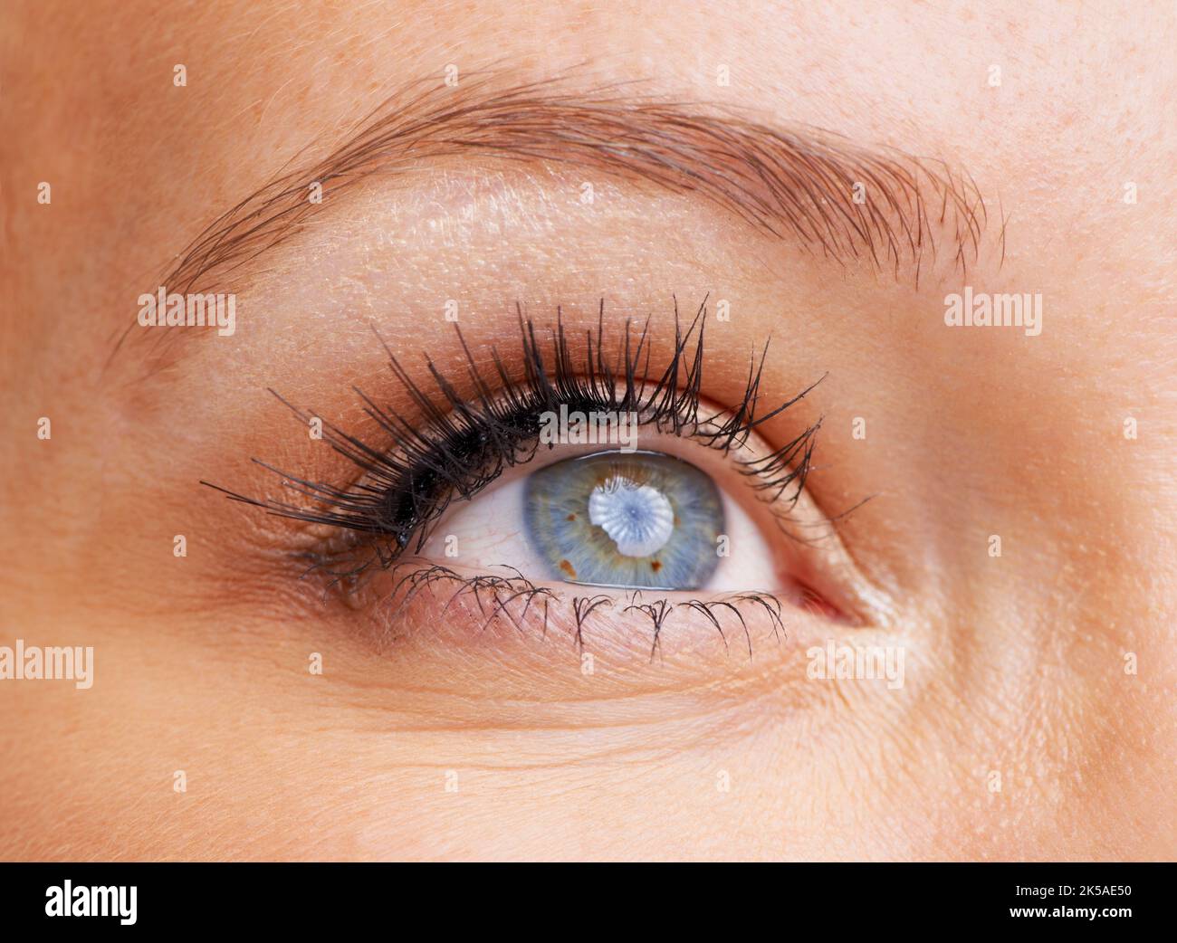 Hermoso ojo flameado. Primer plano de un joven ojo azul de mujer coqueteado con pecas. Foto de stock