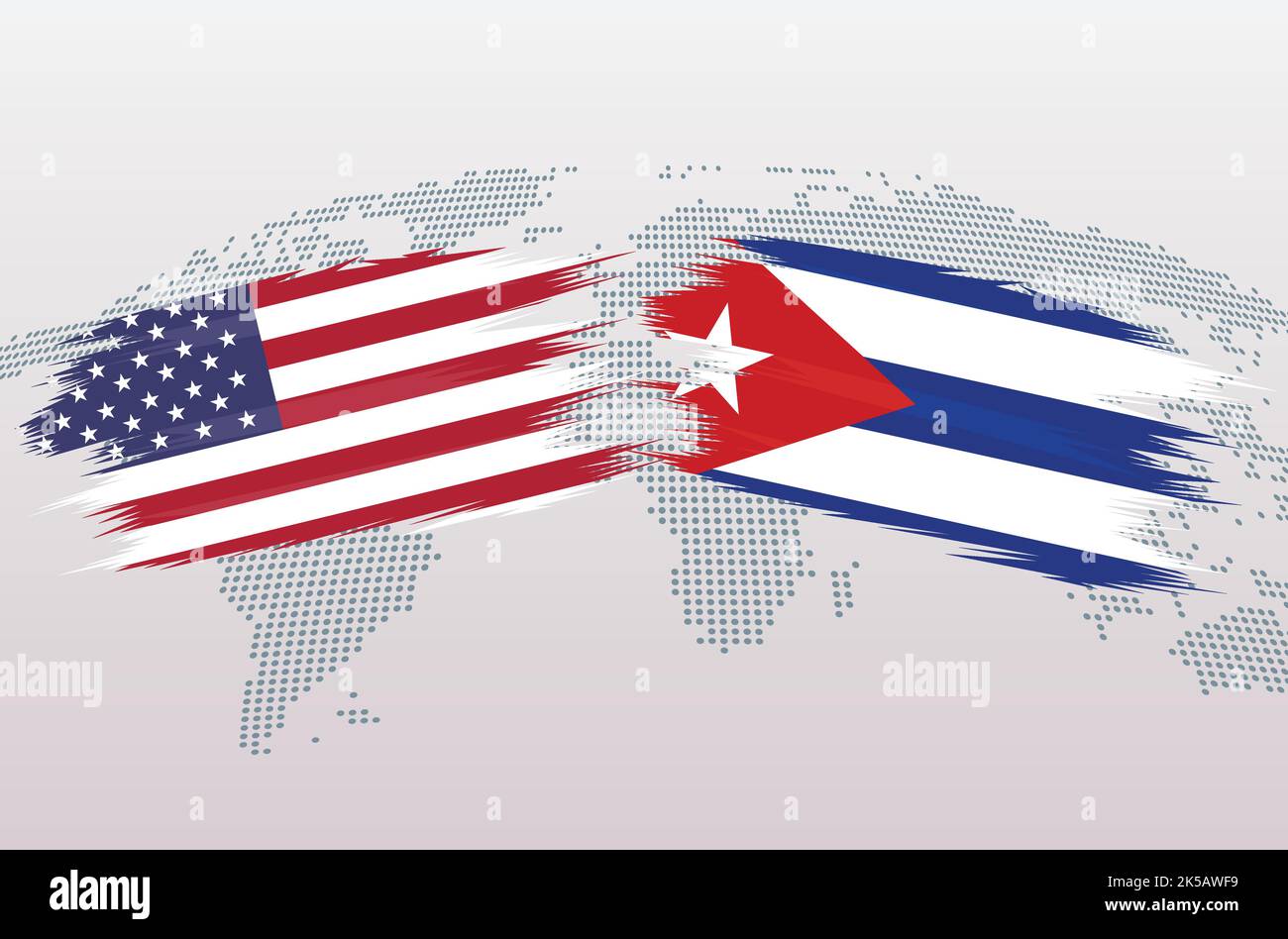 Banderas EE.UU. Vs CUBA. Las banderas de los Estados Unidos de América VS CUBA, aisladas sobre fondo gris del mapa mundial. Ilustración vectorial. Ilustración del Vector