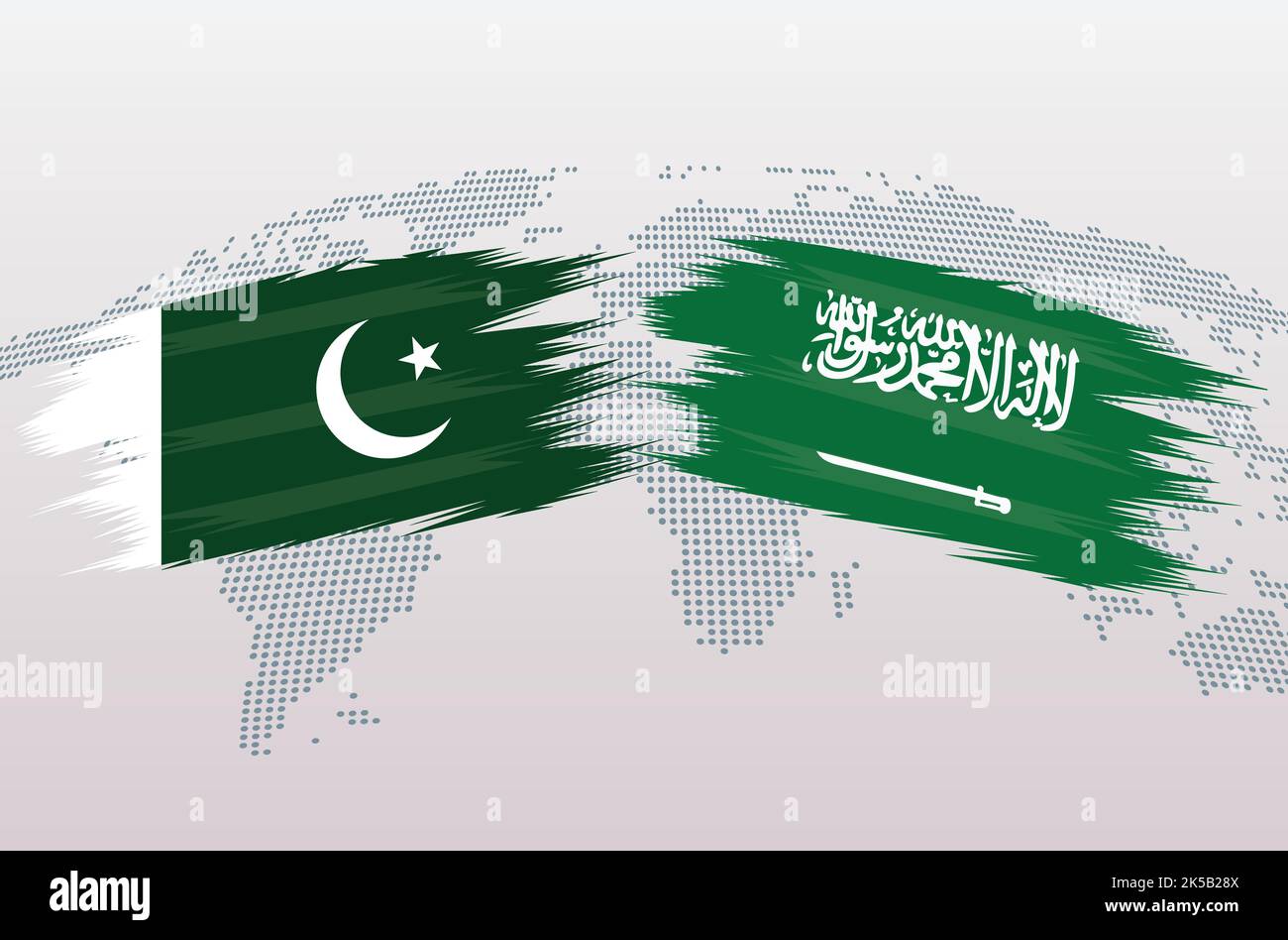 Banderas DE PAKISTÁN VS ARABIA SAU República Islámica de Pakistán VS KSA banderas de Arabia Saudita, aisladas sobre fondo gris del mapa mundial. Ilustración vectorial. Ilustración del Vector