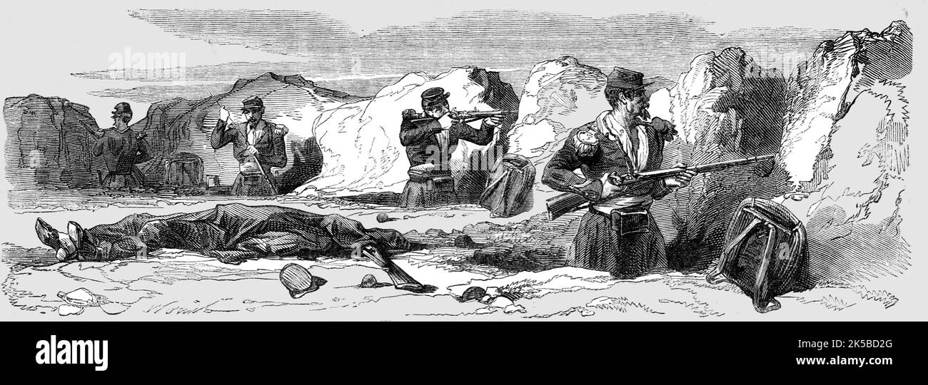'Sebastopol; Tirailleurs, o francotiradores, en las trincheras', 1854. De «Cassell's Illustrated Family Paper; London Weekly 31 Dec 1853 to 30 Dec 1854». Foto de stock