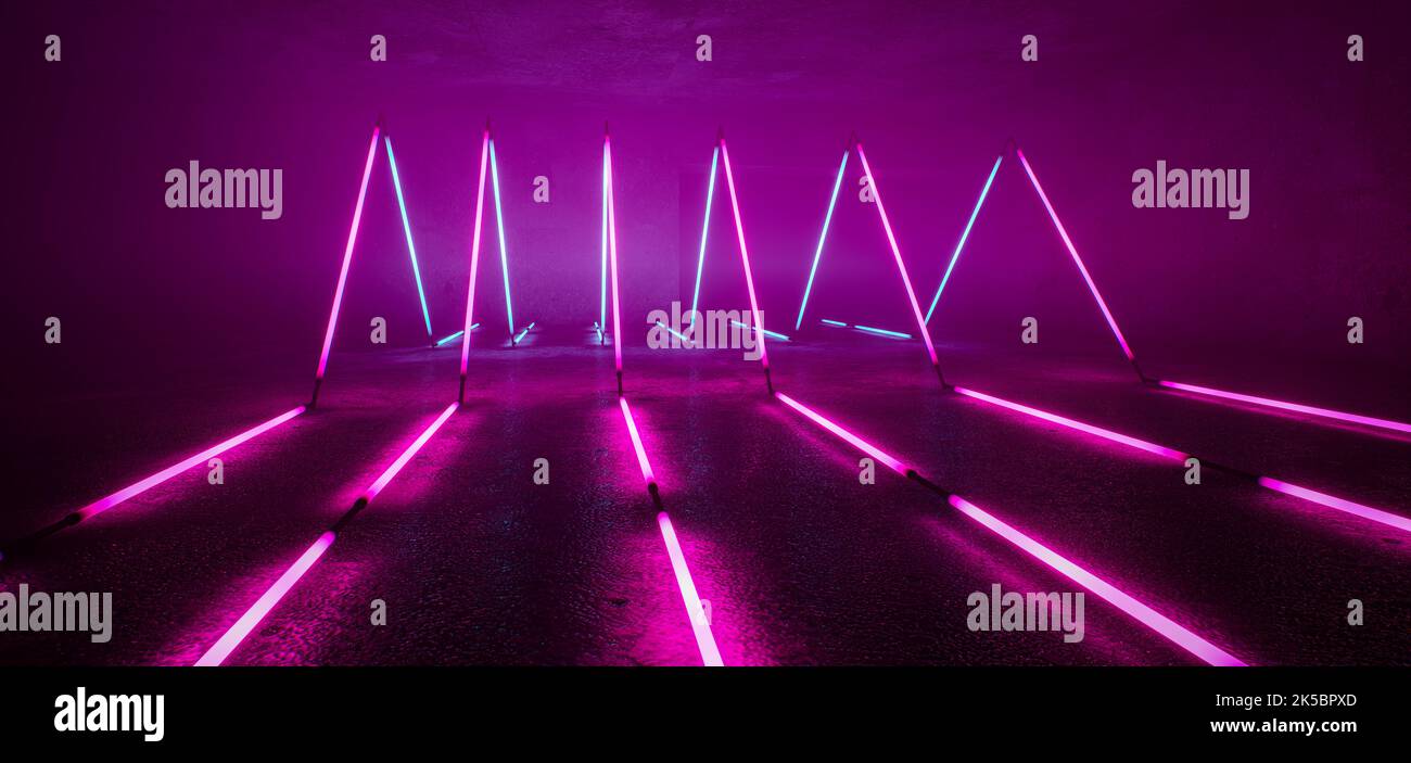 Luces brillantes de neón Retro Cyber Virtual luminosas luces de tubo fluorescente púrpura abstracto Grunge túnel de hormigón Habitación futurista Sci Fi Etapa Nig vacía Foto de stock