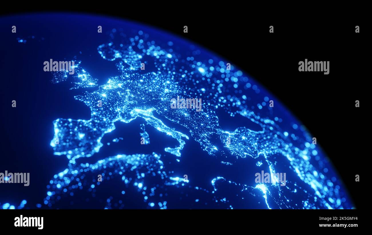 Planeta Tierra resplandeciente por la noche visto desde el espacio. Luces de ciudad brillantes en Europa, concepto sobre tecnología, energía, densidad de población, desarrollo. Wor Foto de stock