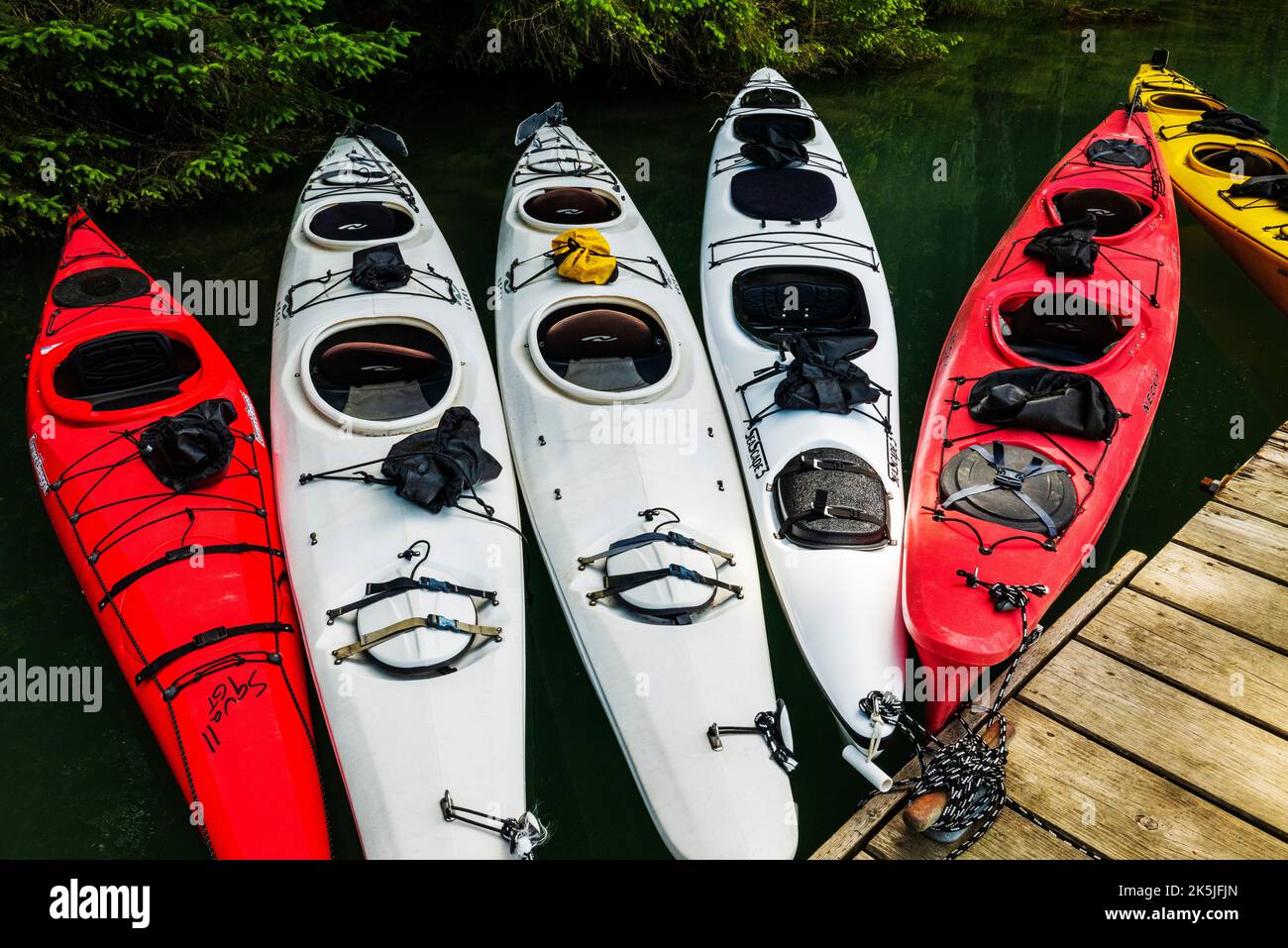 Kayaks coloridos; Lago Chilkoot; Sitio de recreación estatal de Chilkoot; Montañas de la Costa; Haines; Alaska; Estados Unidos Foto de stock