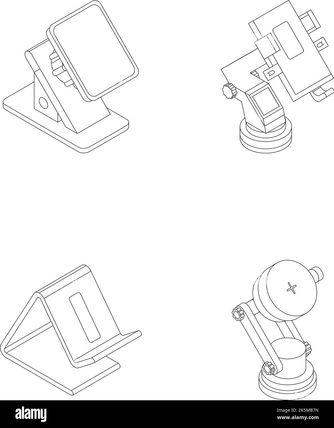Iconos del soporte del teléfono móvil establecidos. Conjunto isométrico de iconos de vector de soporte de teléfono móvil contorno delgado lne aislados sobre blanco Ilustración del Vector