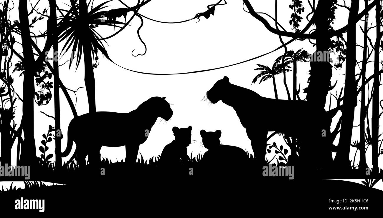 Familia de Leones con cachorros. Depredador Animales Salvajes. Figuras de silueta. Selva de la selva tropical. Sobrecrecido con árboles y hierba. Aislado sobre fondo blanco Ilustración del Vector