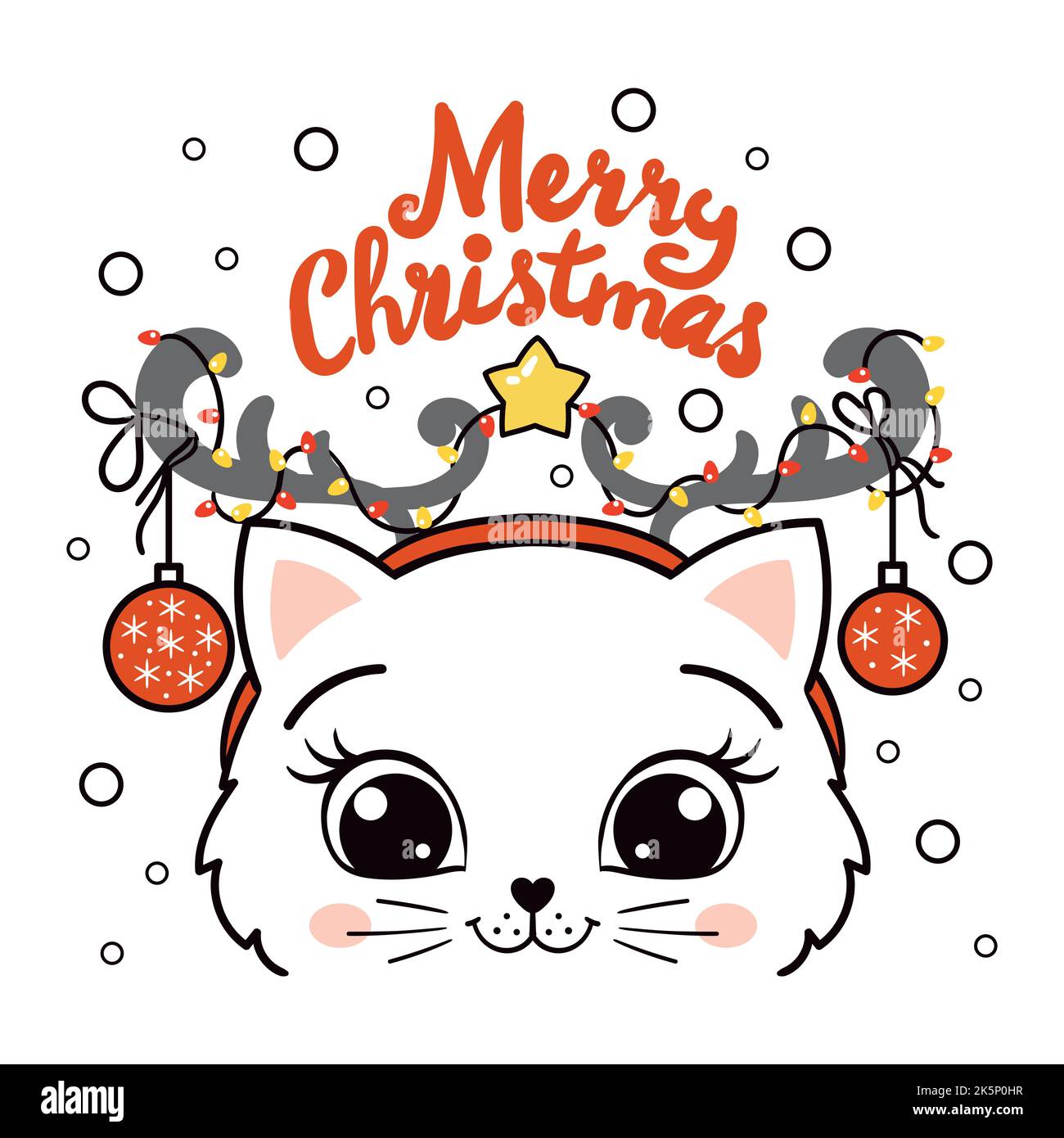 Eslogan 'Merry christmas'. Lindo gato con cuernos de ciervo. Vector