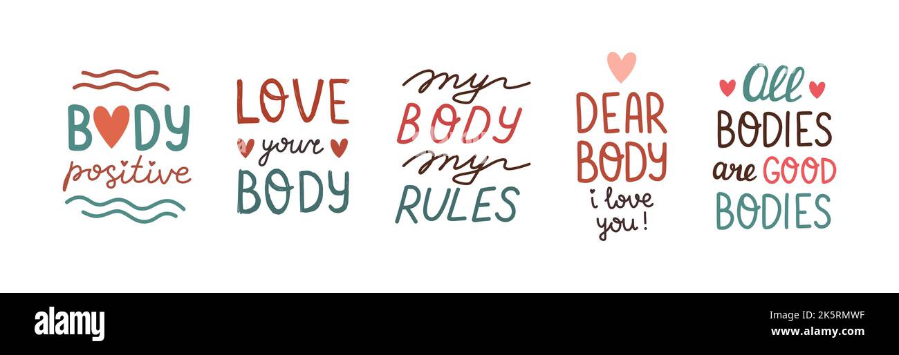 Letras positivas del cuerpo. Ama tu cuerpo. Eslogan 'Feminism handwritting slogan'. Cita positiva de cuerpo feliz. Vector Ilustración del Vector