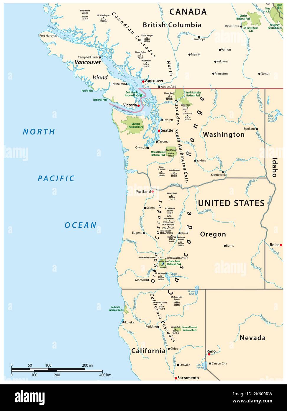 Mapa de la cordillera Cascade, cordillera volcánica que corre paralela a la costa oeste de América del Norte Foto de stock