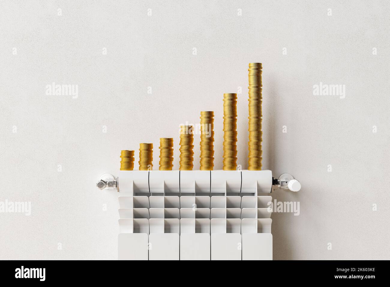 3D ilustración de pilas de monedas en un radiador blanco que simboliza la  costa de calentamiento ascendente contra la pared gris Fotografía de stock  - Alamy