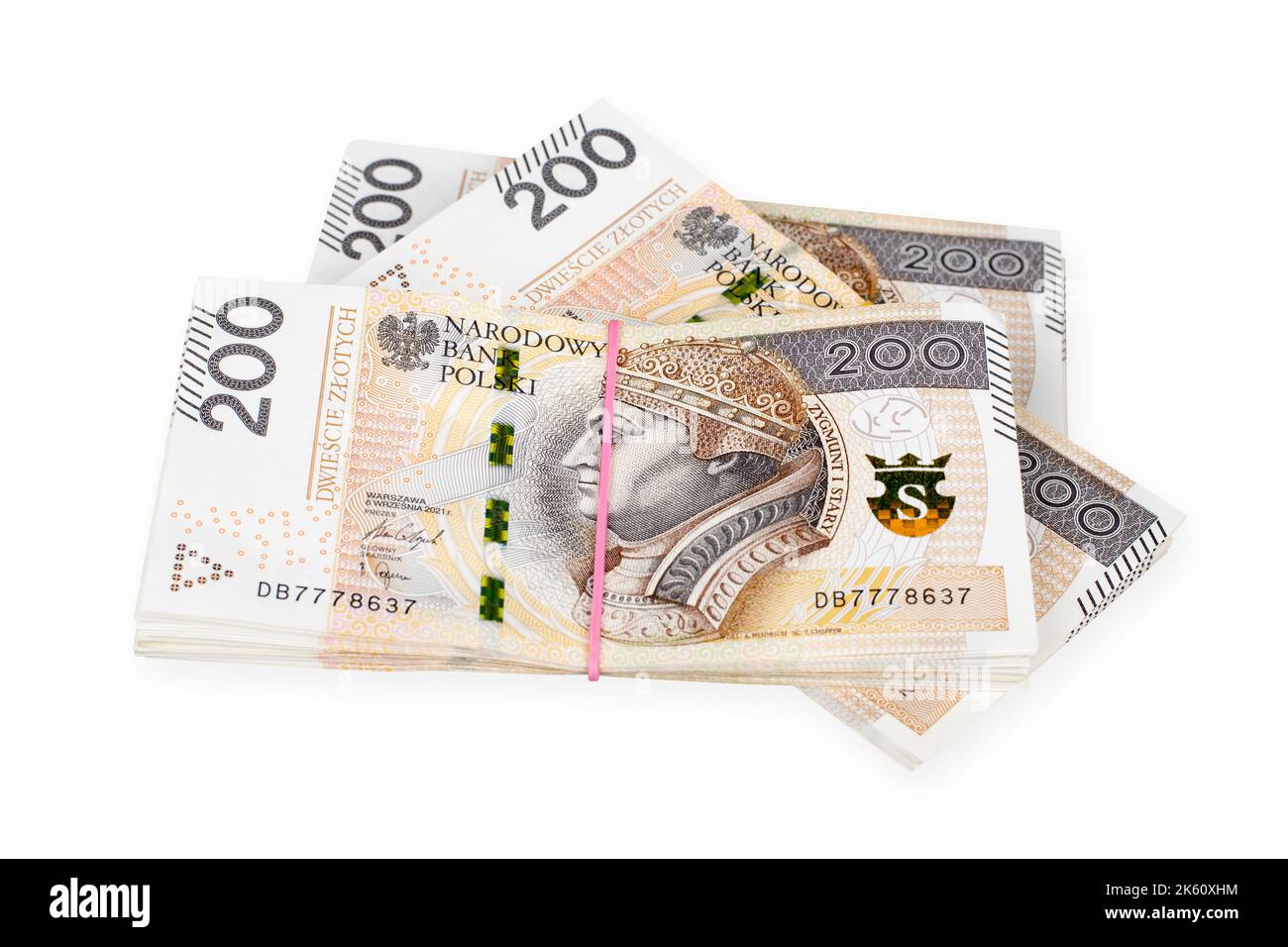 Lotes de billetes polacos de 200 zloty. Aislado sobre blanco. Ruta de recorte incluida