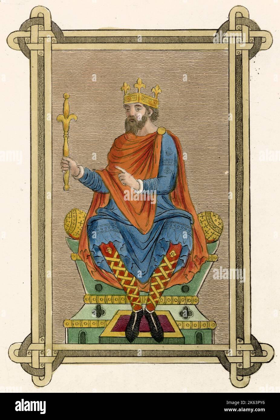 El rey anglosajón en su hábito del estado viste una túnica azul con dobladillo bordado, un manto asegurado con un broche, manguera roja con vendas de pierna de criss-cruz de oro y una corona cuadrada. Fecha: Siglo 9th Foto de stock