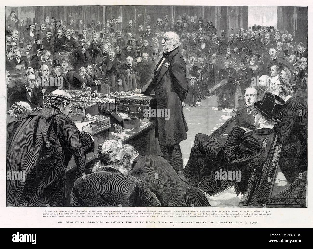 El Primer Ministro, William Ewart Gladstone (1809 - 1898), pronunció la peroración de su discurso sobre la introducción del proyecto de ley de gobierno local, otorgando a Irlanda un limitado gobierno propio dentro del Imperio Británico. Fecha: 13th de febrero de 1893 Foto de stock