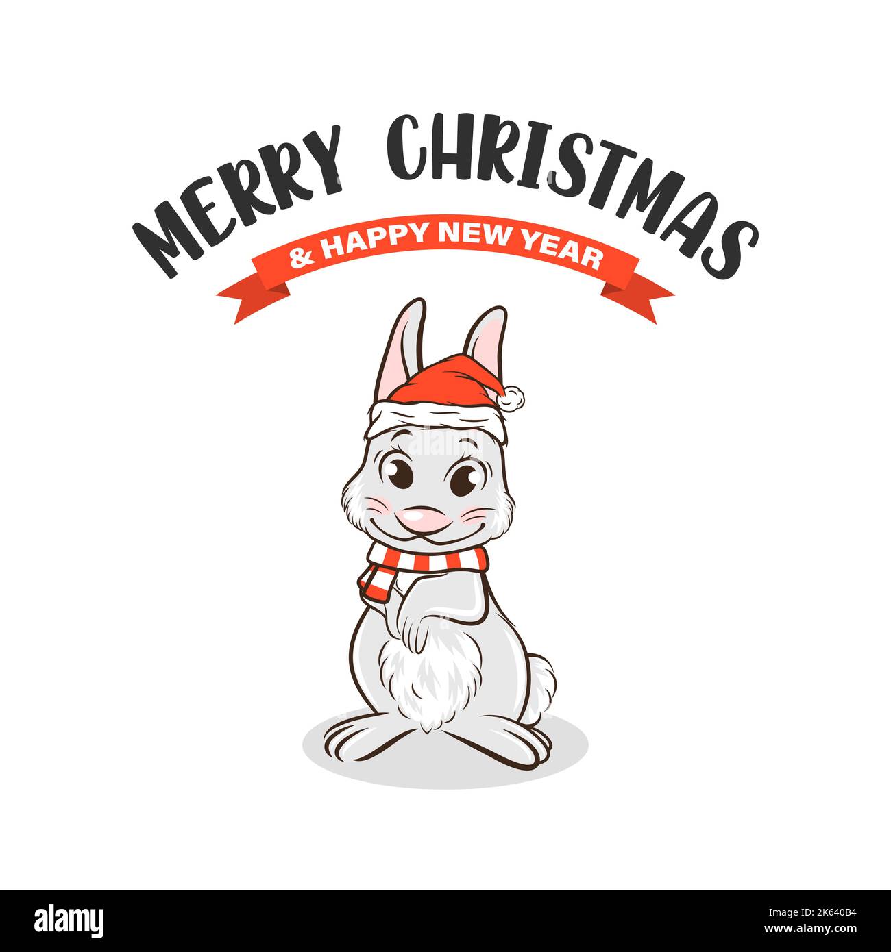Vector Cute Funny Rabbit, Hare con gorro y bufanda de Papá Noel, Line