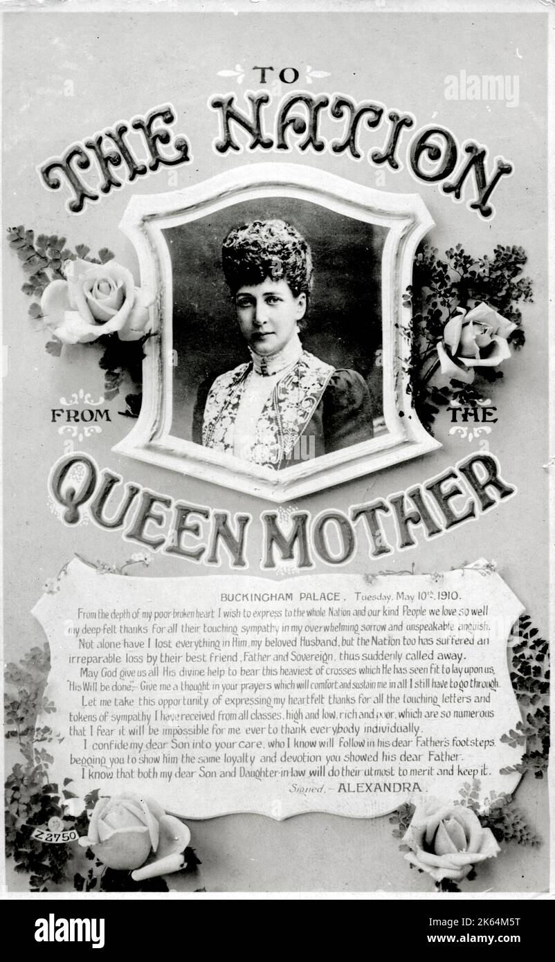 Un mensaje a la nación de la Reina Madre (Reina Alexandra) - 10 de mayo de 1910 Después de la muerte de su esposo Edward VII Fecha: 1910 Foto de stock