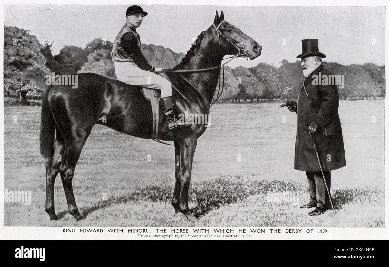 Rey Eduardo VII con Minoru, el caballo de carreras con el que ganó el derbi en 1909. Foto de stock