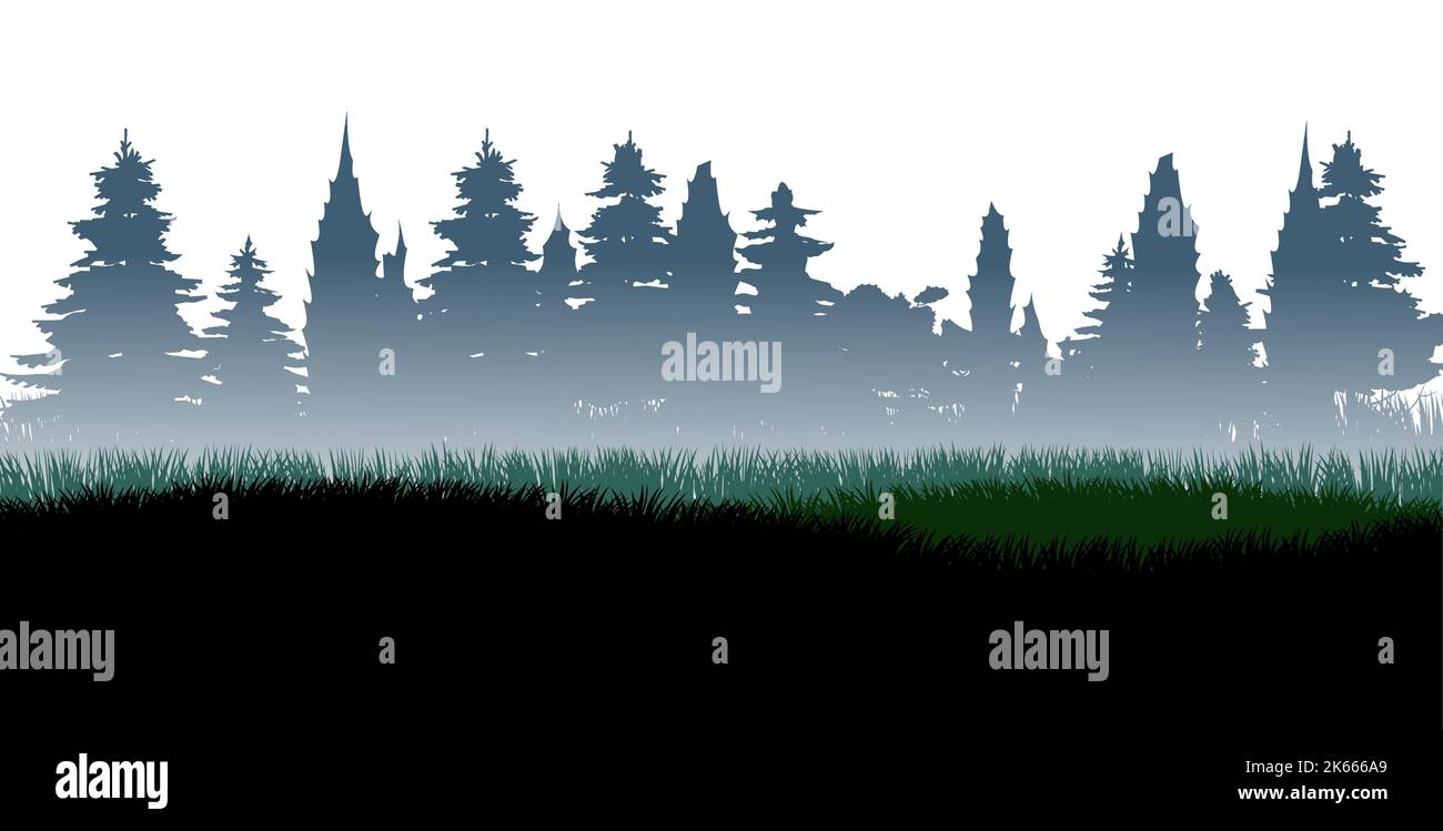 Mañana con niebla en taiga. Bosque de coníferas con abetos y pinos. Paisaje con árboles y hierba. Imagen de silueta. Aislado sobre fondo blanco Ilustración del Vector