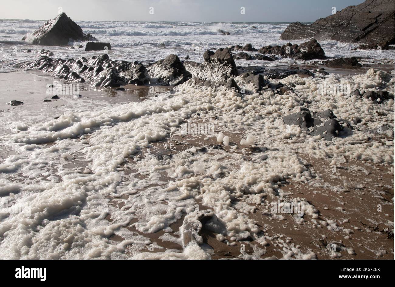Sea Foam, Sandymouh Bay, Cornwall, Reino Unido Foto de stock