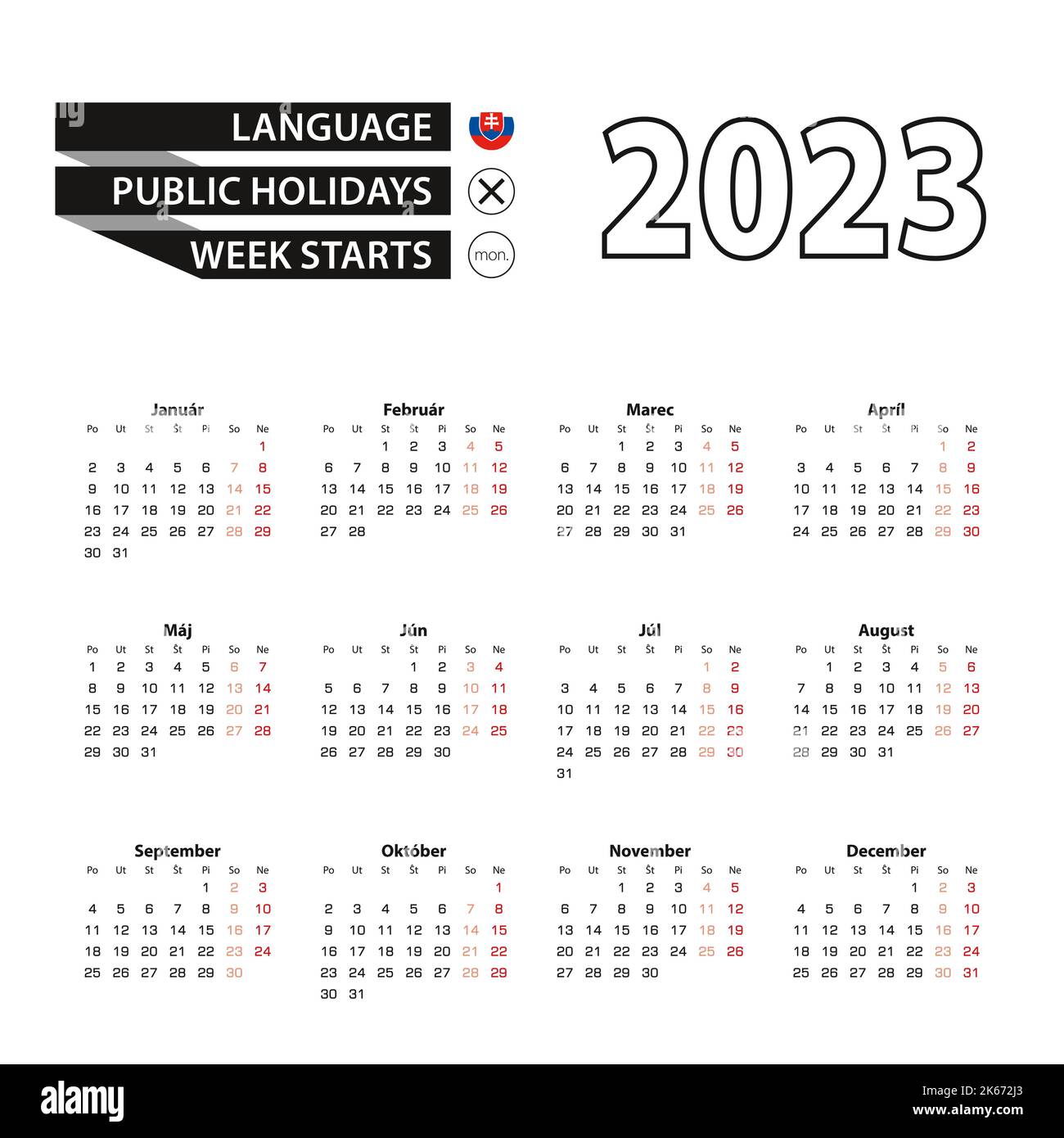 Calendario 2023 En lengua eslovaca, la semana comienza el lunes. Vector