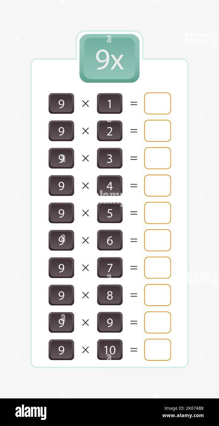 9x multiplicación para la práctica, tabla de multiplicación sin respuestas. Ilustración