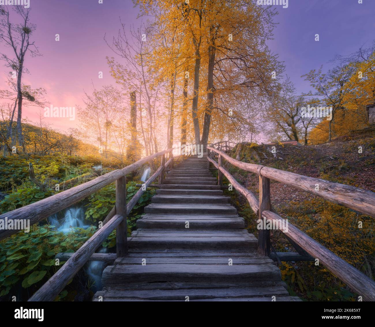 Escaleras de madera en el bosque al atardecer en otoño. Lagos de Plitvice Foto de stock