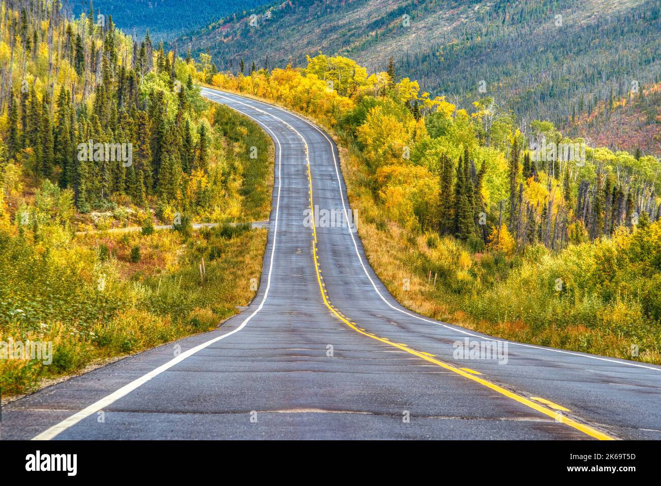 Vista larga de la autopista Steese Highway en el desierto de otoño cerca de Fairbanks, Alaska Foto de stock
