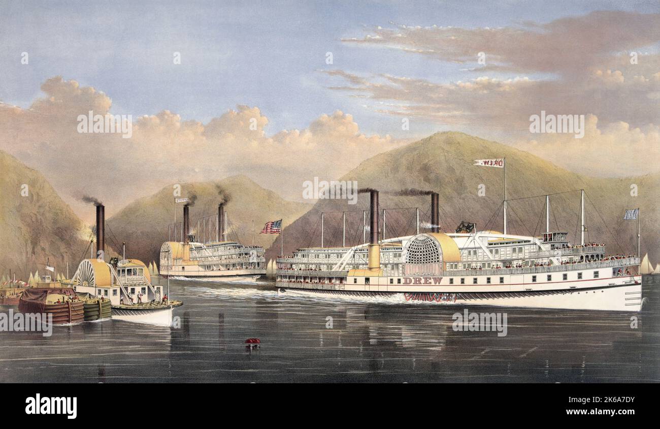 Barcos de vapor americanos en el río Hudson pasando las tierras altas, 1874. Foto de stock