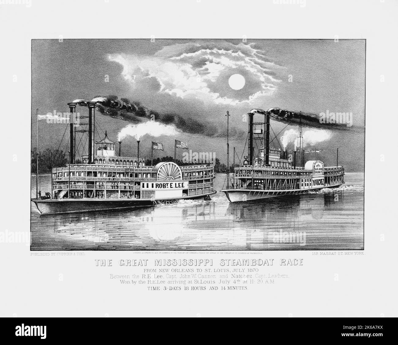 Impresión del siglo 19th de la gran carrera de barcos a vapor de Mississippi. Foto de stock