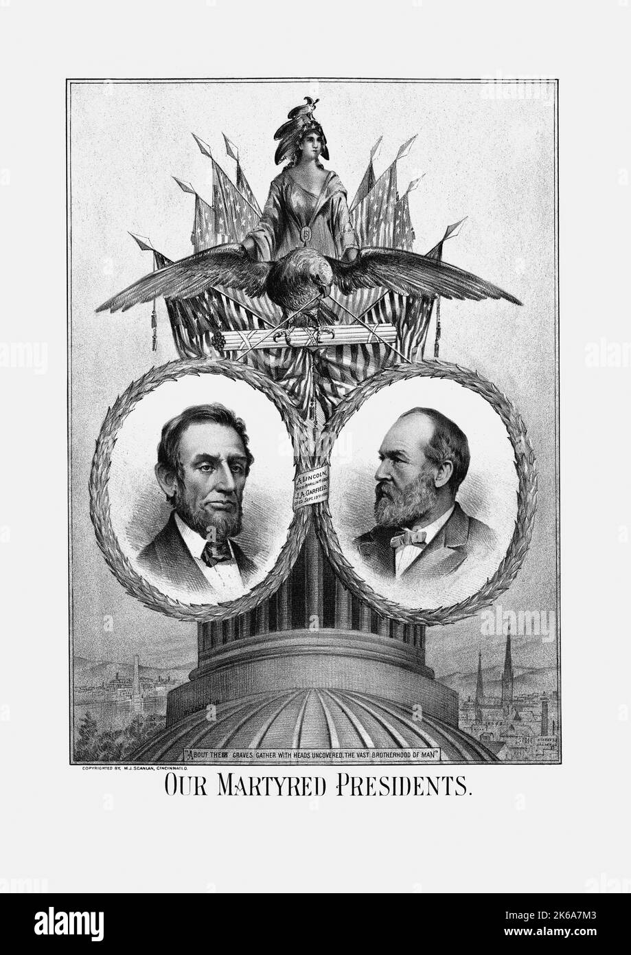 Estampado del siglo 19th con retratos en busto de los presidentes Abraham Lincoln y James Garfield. Foto de stock