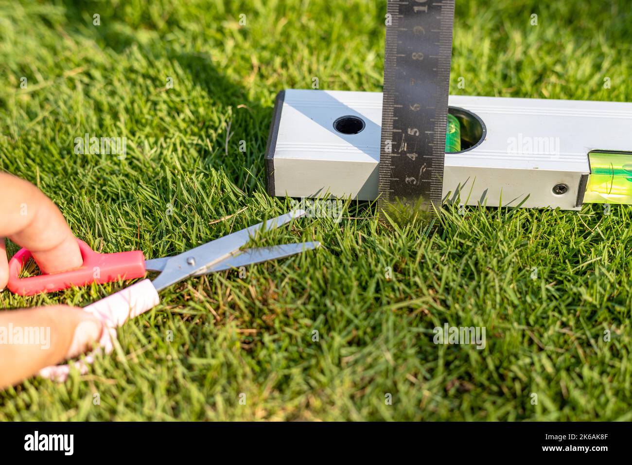 Con la herramienta niveladora y la regla, corte la hierba perfectamente Foto de stock