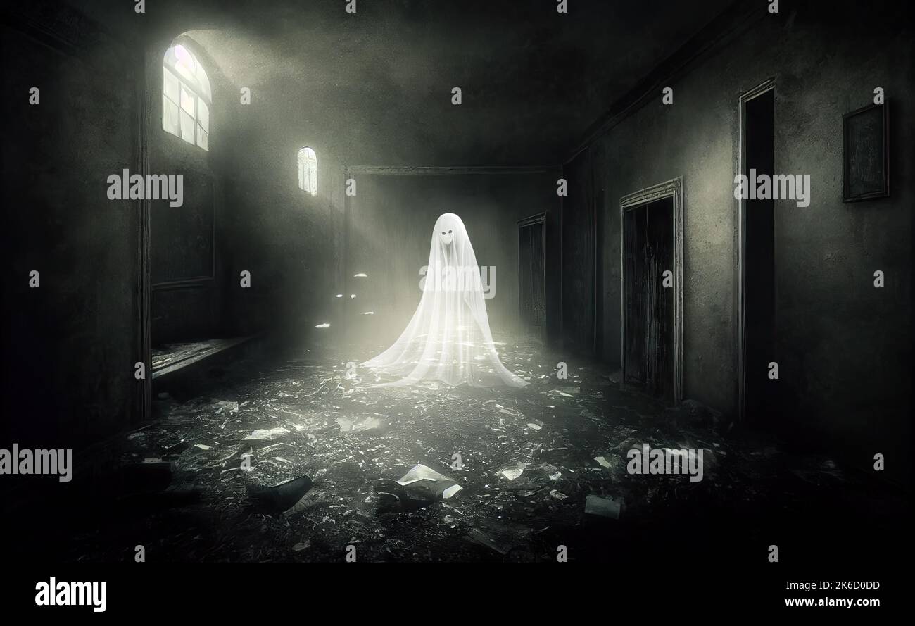 Figura blanca fantasmal de la mujer con cara aterradora en casa abandonada, interior oscuro del vestíbulo con escombros en el suelo y rayos de luz de la luna, espeluznante historia de horror Foto de stock