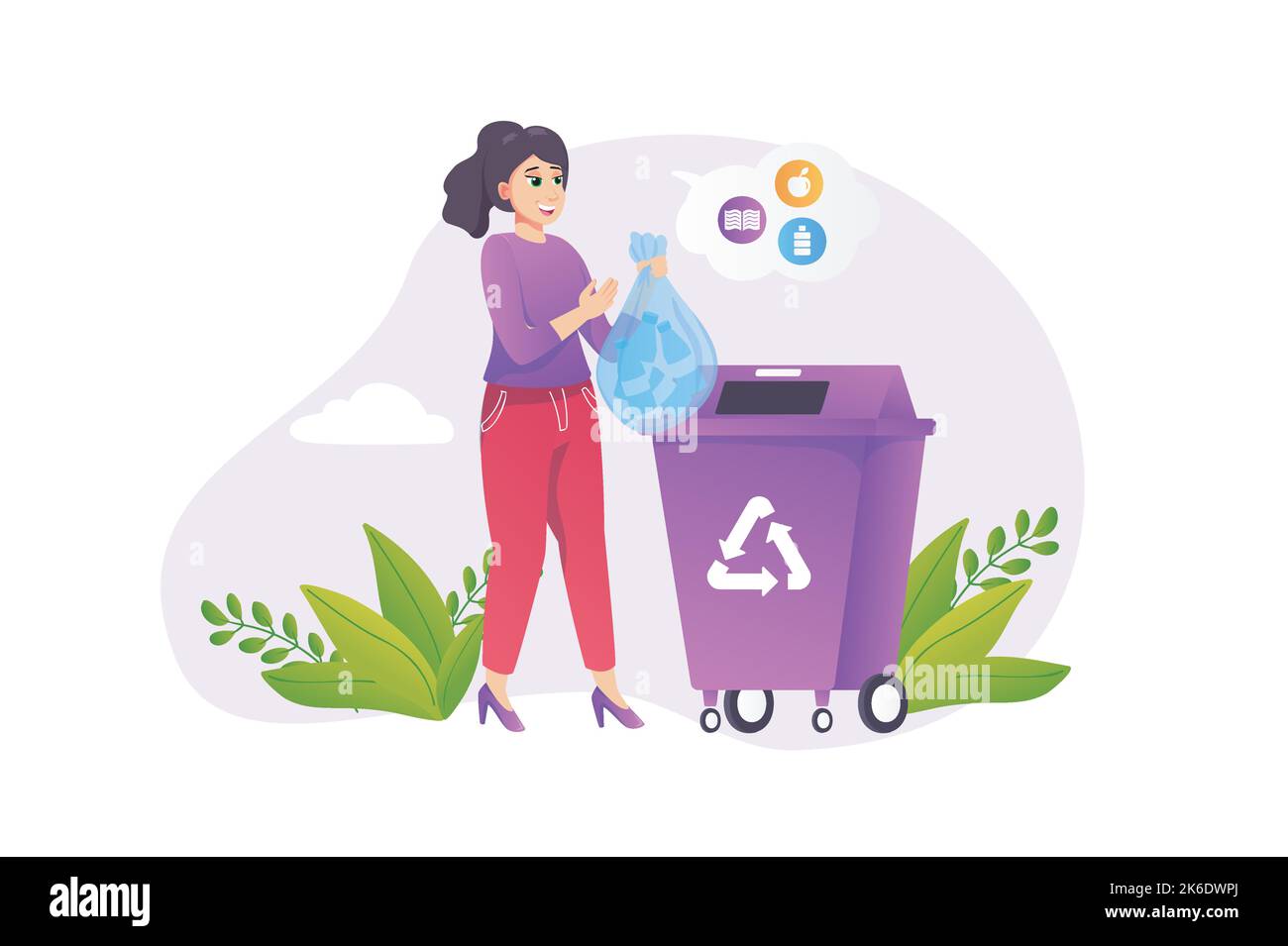 Concepto de reciclaje de basura en estilo plano con la escena de la gente. Mujer feliz recogiendo y separando la basura y la tira en el recipiente que reutiliza. Eco Ilustración del Vector