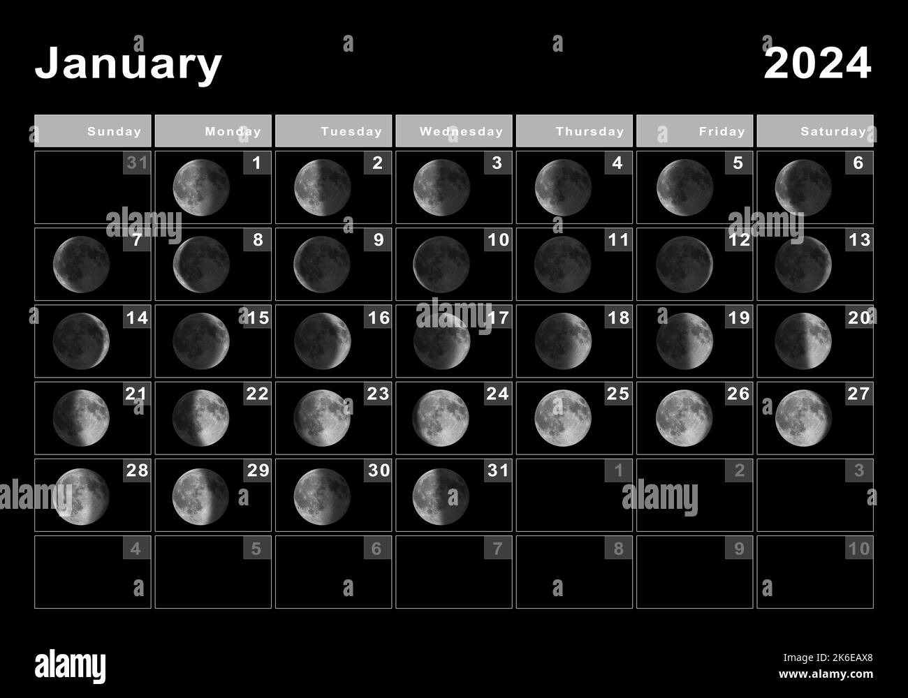Enero 2024 Calendario lunar, Ciclos lunares, Fases lunares Fotografía
