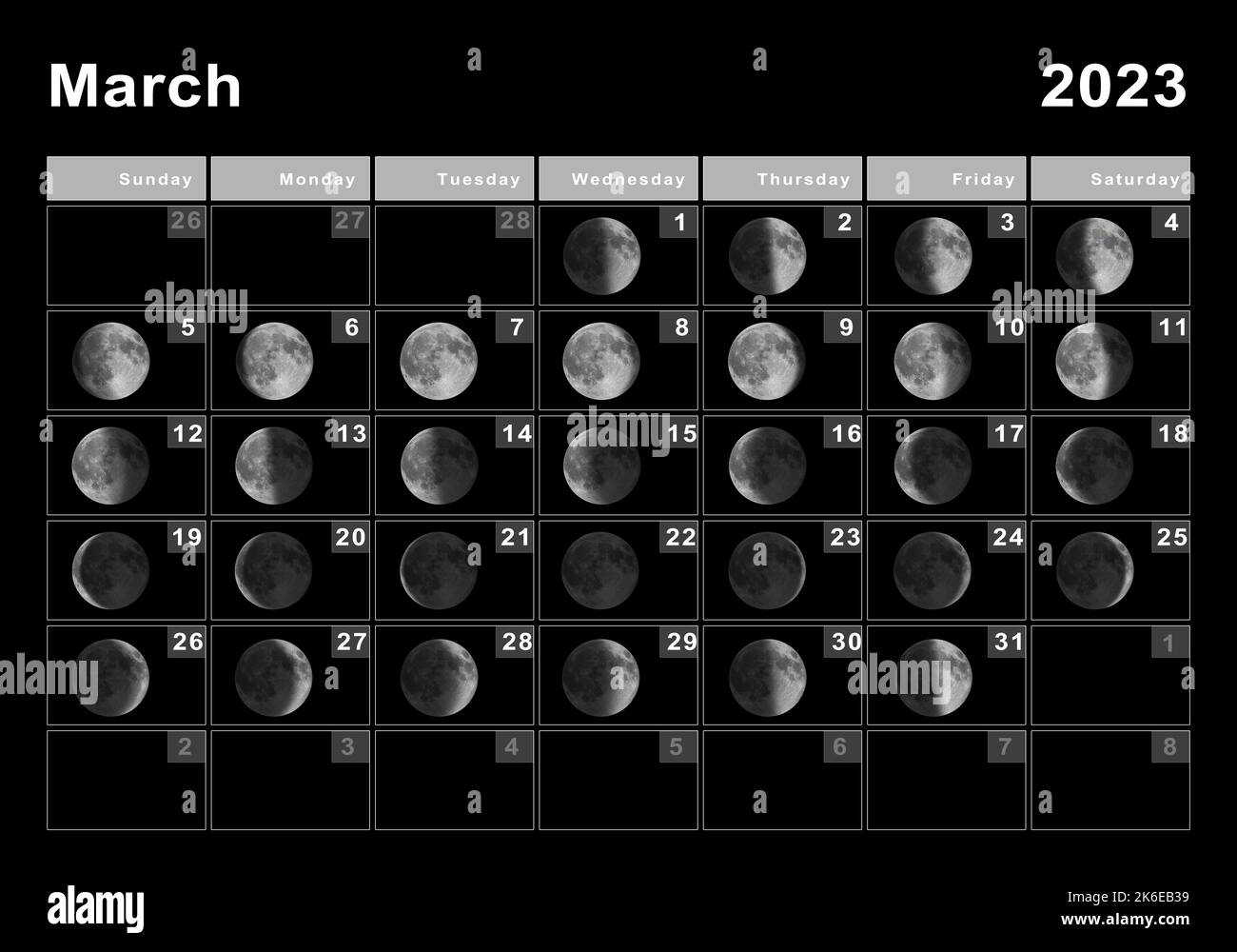 Marzo 2023 Calendario lunar, Ciclos lunares, Fases lunares Fotografía