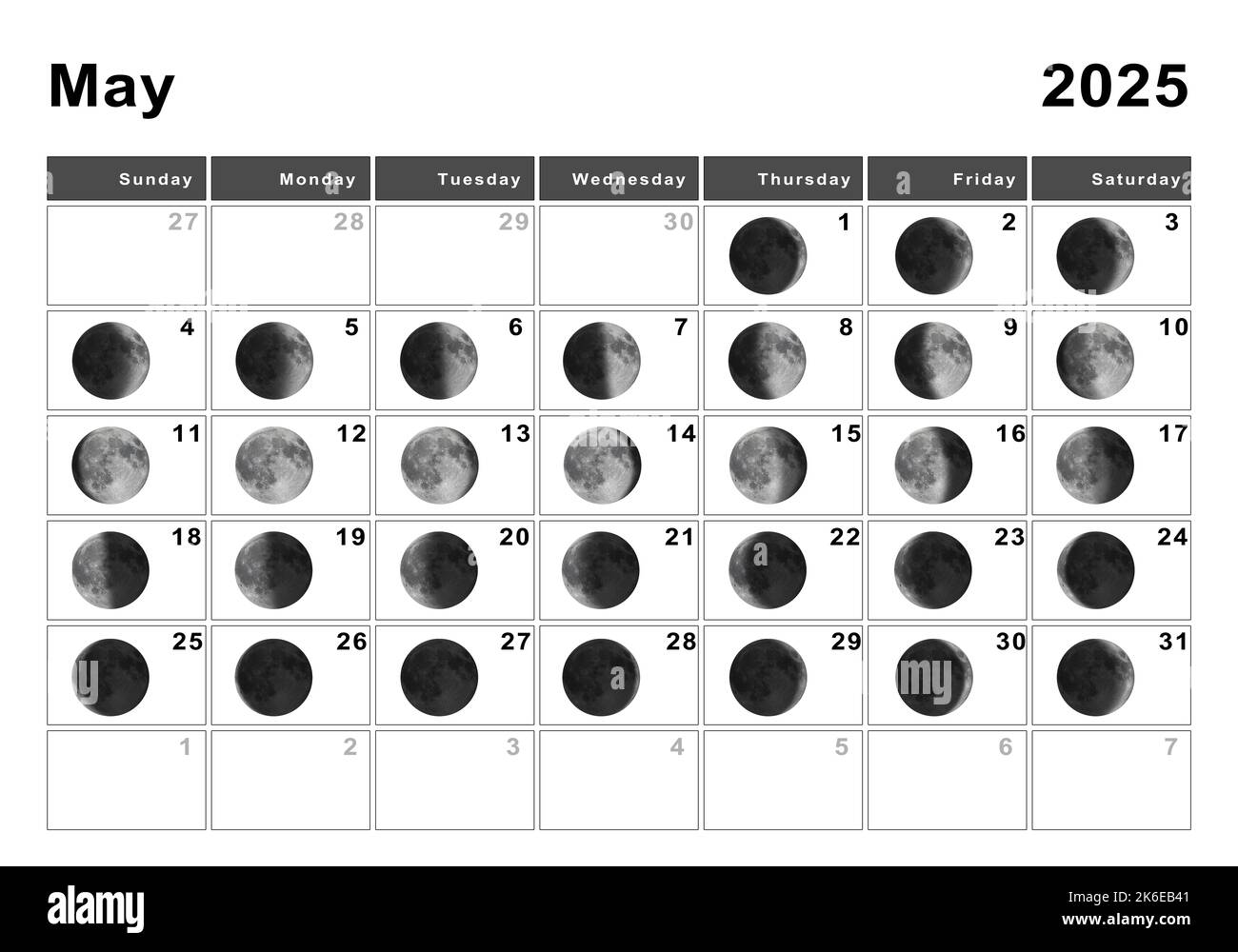 Mayo 2025 Calendario lunar, ciclos lunares, fases lunares Fotografía de