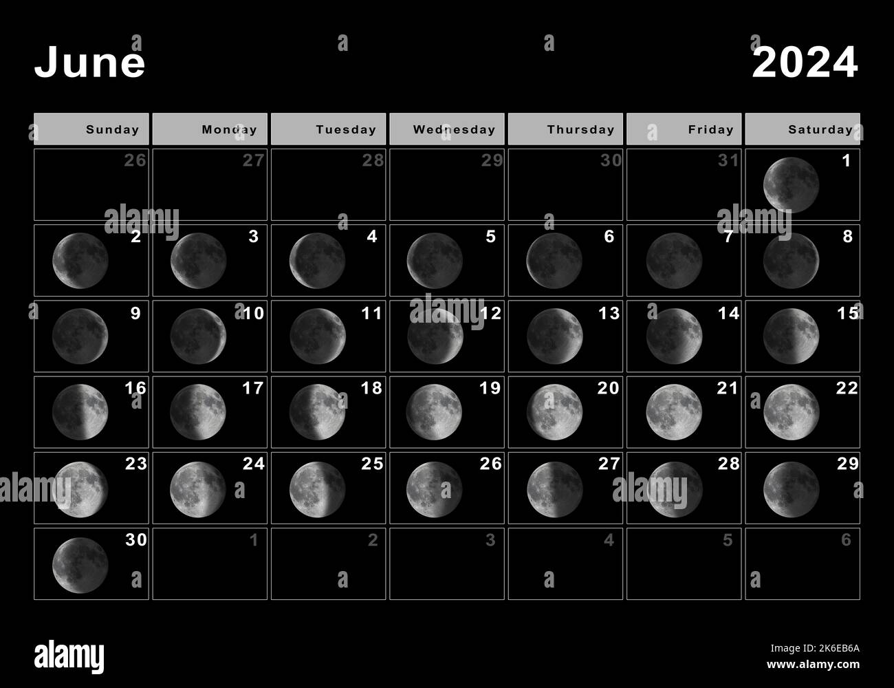 Junio 2024 Calendario lunar, ciclos lunares, fases lunares Fotografía