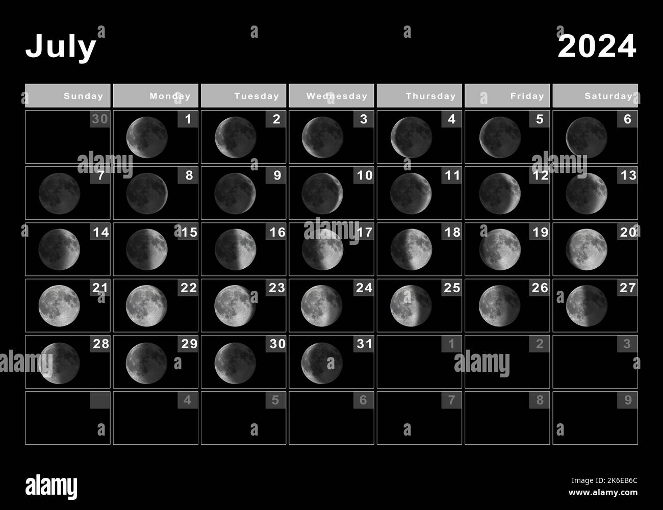 Julio 2024 Calendario lunar, Ciclos lunares, Fases lunares Fotografía