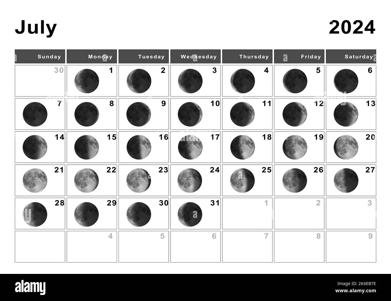 Julio 2025 Calendario lunar, Ciclos lunares, Fases lunares Fotografía