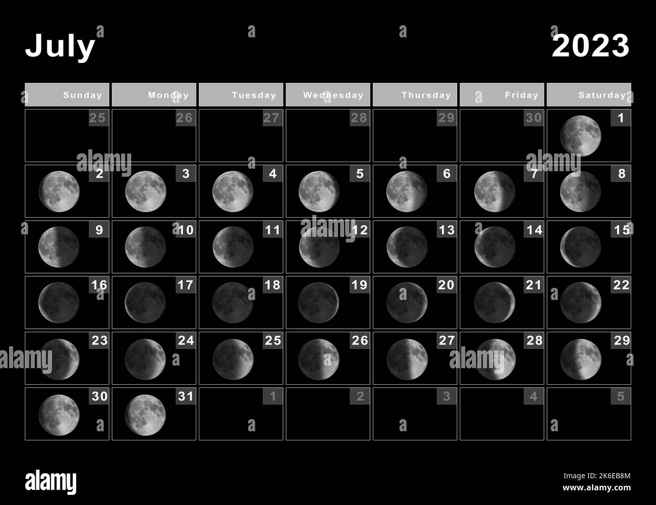 Julio 2023 Calendario lunar, Ciclos lunares, Fases lunares Fotografía