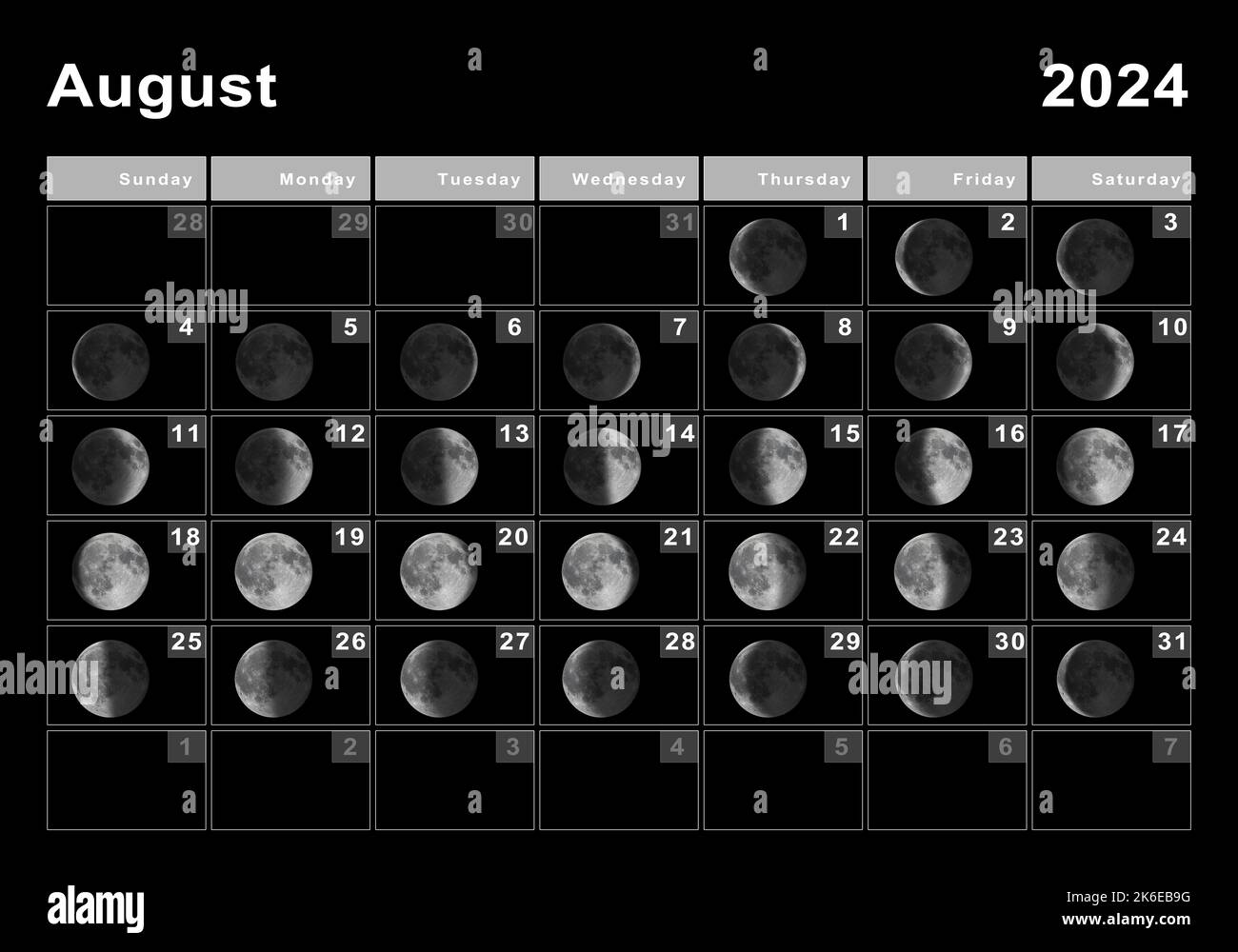 Agosto 2024 Calendario lunar, Ciclos lunares, Fases lunares Fotografía