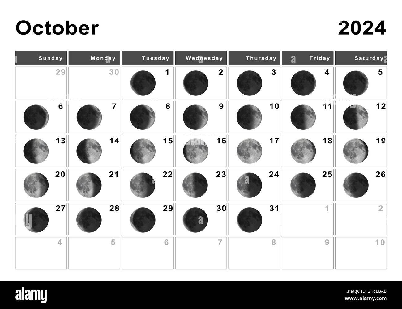 Plantilla de calendario lunar 2024 dibujada a mano con elementos esotéricos