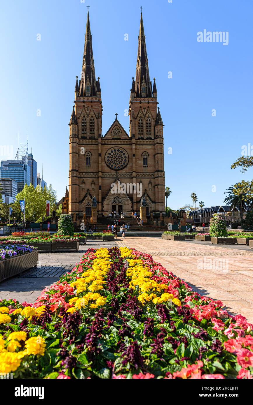 La fachada principal de la Catedral de Santa María en Sydney, Australia