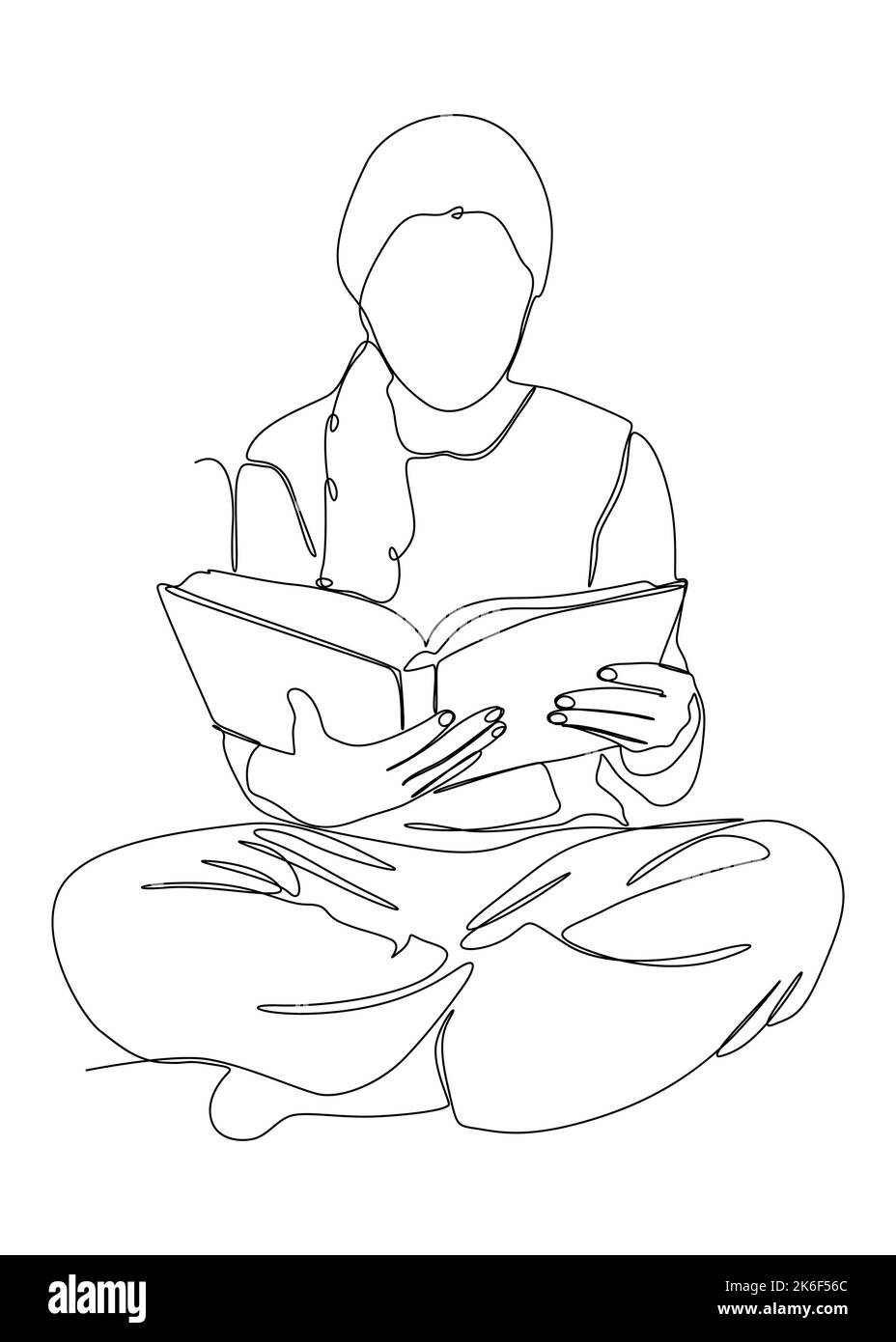 Una línea continua de dibujo de niña leyendo un libro. Concepto vectorial de ilustración de líneas finas. Dibujo de Contorno Ideas Creativas. Ilustración del Vector