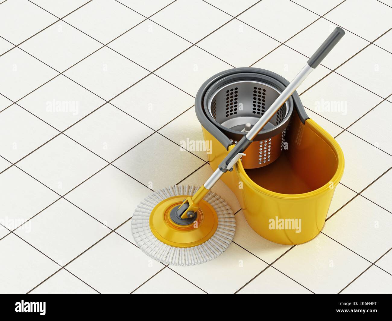 Espín trapeador genérico con cubo en suelo de baldosa. Ilustración 3D. Foto de stock