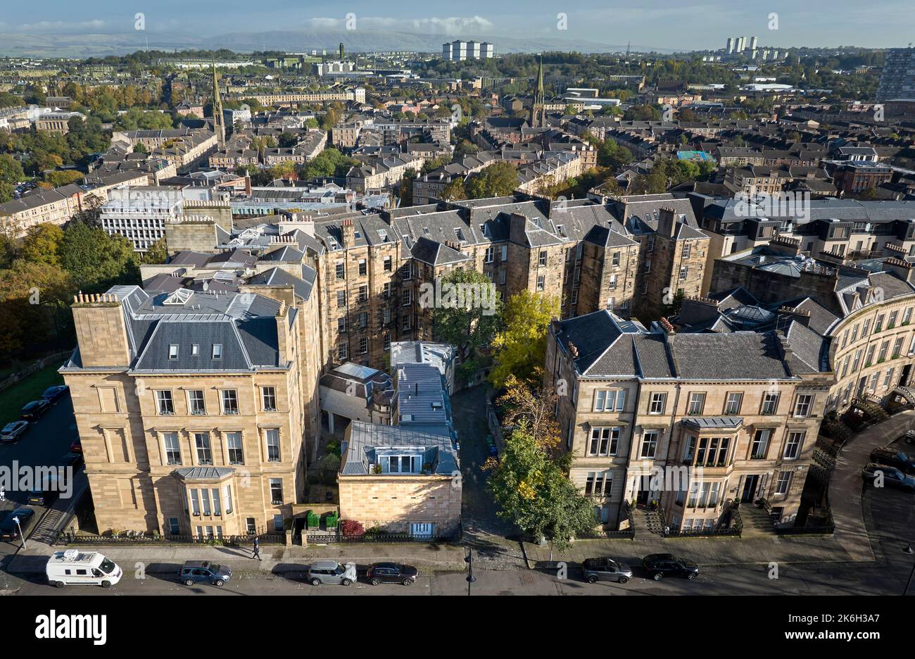 Vista aérea de Park Circus y Park Quadrant, una de las zonas residenciales más atractivas de Glasgow. Foto de stock