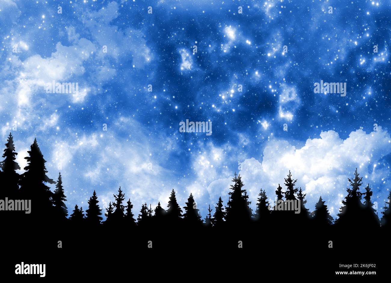 Cielo nocturno con estrellas y árboles de fondo natural Foto de stock