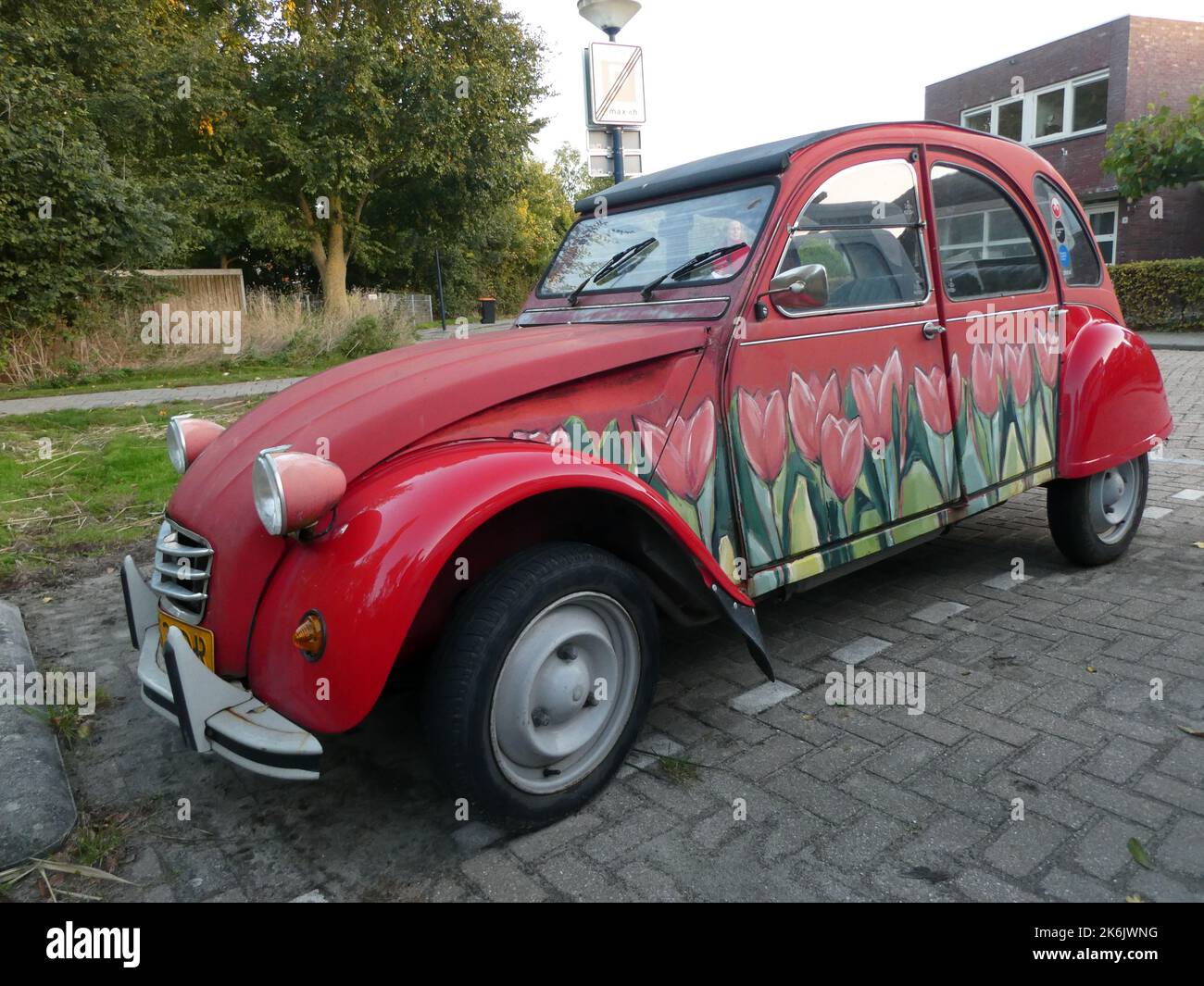 Harlingen, Países Bajos Octubre 10 2022 - Un lindo oldtimer: Citroën 2CV o deux Chevaux en rojo con tulipanes pintados Foto de stock