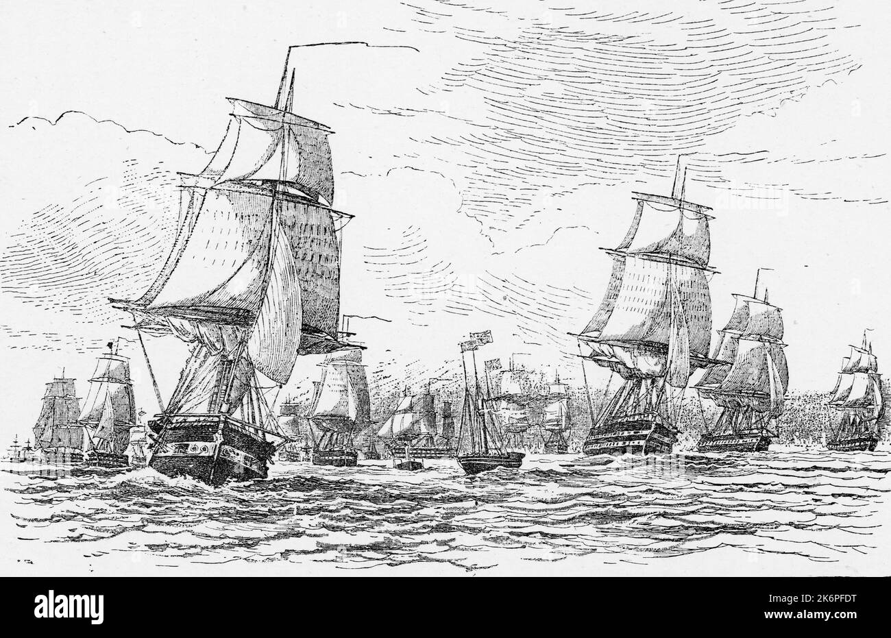 La flota que navega desde Spithead, 11 de marzo de 1854. Después de Edward Duncan (1803-1882). A medida que la Guerra de Crimea se acercaba, una flota de barcos de la Marina Real se reunió en Spithead, en el Solent, para partir hacia el Mar Báltico. Debían impedir que la Flota del Norte de Rusia entrara en el Mar del Norte y amenazara a Gran Bretaña. La Reina Victoria observó la salida de los barcos, a bordo del yate Fairy, visto aquí en el centro del primer plano volando el estándar real. Los barcos incluían el Royal George (primer plano izquierdo) y St Jean d’Acre (que dirigía la flota a la derecha). Foto de stock